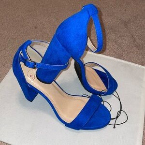 Vibrant Blue Suede Chunky Block Heels Women's 4-Inch With Ankle Strap Size 7.5